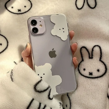 Kore Sevimli beyaz ayı hayvan Temizle Telefon Kılıfı İçin iPhone 14 13 11 12 Pro Max mini 7 8 Artı X XR XSMax Karikatür Silikon Yumuşak Kapak