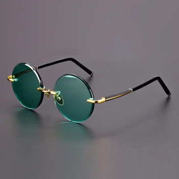 Kristal Taş Güneş Gözlüğü Adam Yeşil Cam güneş gözlüğü Kadın Çerçevesiz Yuvarlak Sürücü Gölge Vintage Lüks Yüksek Kalite Anti Scratch