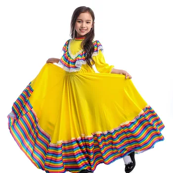 Küçük Kızlar Meksika Elbise Doğum Günü Partisi Cadılar Bayramı Kostüm Çocuklar Çocuk Meksika Büyük Daire Uzun Çingene Flamenko dans eteği