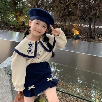 Kızlar Bahar Sonbahar Setleri Kızlar Kore Giyim Moda Yaka Üstleri + Etek 2 adet Setleri Çocuk Giyim Takım Elbise Kızlar Rahat Setleri