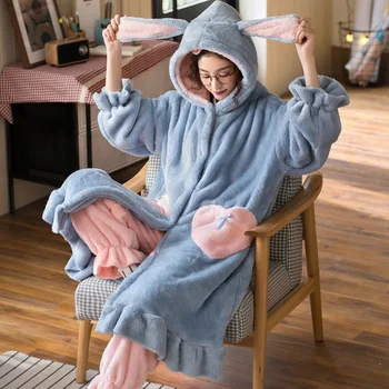 Kış Flanel Pijama Setleri Kadın Kızlar İçin Sevimli Tavşan Kulaklar Kapşonlu Nightgowns Takım Elbise Tatlı Pijama Sıcak Kalın Pijama Pijama