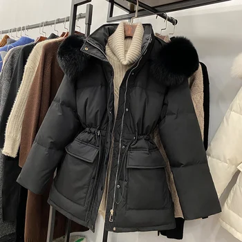 Kış Kadın Yüksek Bel Kabarık Aşağı sıcak tutan kaban Gevşek Fit Kalın Dış Giyim Büyük Gerçek Kürk Yaka Kapşonlu Hafif Tüy Ceket
