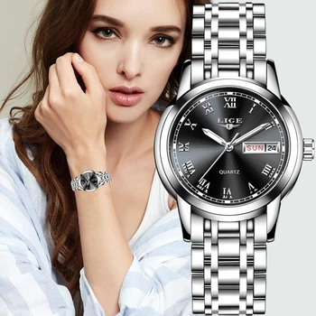 LIGE Yeni Gümüş Siyah Kadın Izle Iş quartz saat Bayanlar Üst Marka Lüks Kadın kol saati Kız Saat Relogio Feminin