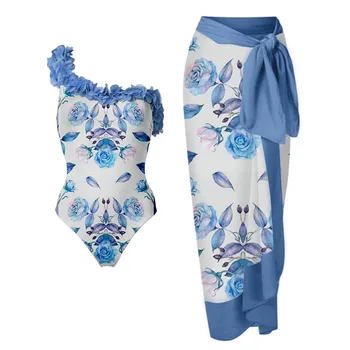Mavi Çiçek Tek Omuz Backless Mayo Tek Parça Petal Kayış İnce Bikini Şifon plaj elbisesi Cover Up Zarif Monokini 2022