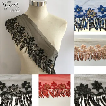 Moda stil 1 metre satılık Nakış Yaka Sequins Püsküller Dantel Yaka Aplike Dikiş Tül Kumaş DIY Elbise Aksesuarı