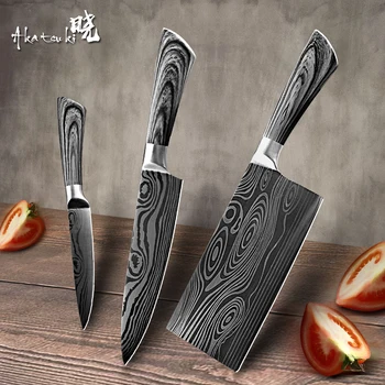 Mutfak Bıçağı 5 7 8 inç şef bıçağı 7Cr17 440C Paslanmaz Çelik Yardımcı Cleaver Şam Çizim Et Santoku pişirme aletleri seti