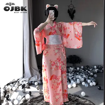 OJBK Japon Kawaii Pembe Kimono Beyaz Yay-Düğüm Kemer Tanga Seksi Iç Çamaşırı Cosplay Kostümleri Kadın Yukata Elbise Obi Kemer