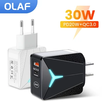 Olaf 30W USB şarj aleti PD20W Hızlı Şarj 3.0 QC 3.0 Hızlı Şarj Duvar Telefon şarj adaptörü iPhone Xiaomi Samsung Huawei