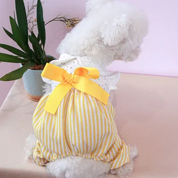 Prenses Kız Köpek Giysileri Pijama Sarı Şeritler papyon Kedi Köpek Pijama Gömlek Gevşek Tasarım Pet Tulum Pijama Pitbull XXL