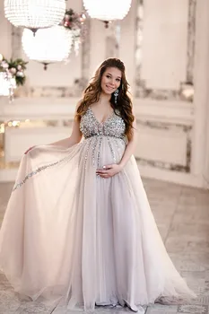 Pullu Annelik Abiye Hamile Kadınlar Tül Kolsuz A-line Seksi V Yaka Illusion Balo Parti Kıyafeti 2021 платье