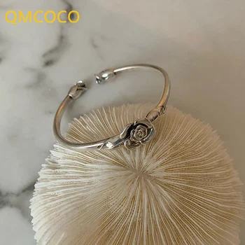 QMCOCO Gümüş Renk Vintage Basit Bilezik Kadın Çiftler İçin Moda Mizaç Yaratıcı Çiçek Bilezik Parti Takı Hediyeler