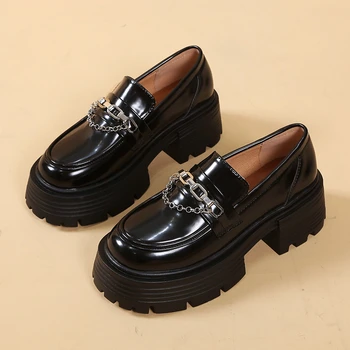 Retro Tıknaz Topuk Pompaları mokasen kadın ayakkabısı Bayan Deri platform ayakkabılar Rahat zincir Ayakkabı Bayanlar Moda Tüm Maç Ayakkabı