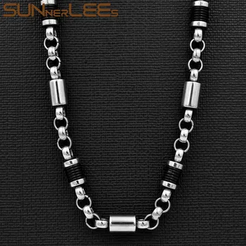 SUNNERLEES 316L Paslanmaz Çelik Kolye 7mm Geometrik Link Zinciri Gümüş Renk Siyah Silikon Erkek Kadın Takı Hediye SC173 N
