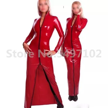 Seksi Uzun Kollu Elbise Gummi Kırmızı Lateks Elbise Kauçuk Abiye ile Ön Zip Özelleştirmek
