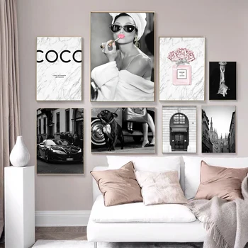 Siyah Beyaz Moda Parfüm Kadın Süper Araba Posteri Lüks Tuval Dekoratif Tablolar Duvar Sanatı Resimleri Modern Oda Ev Dekor