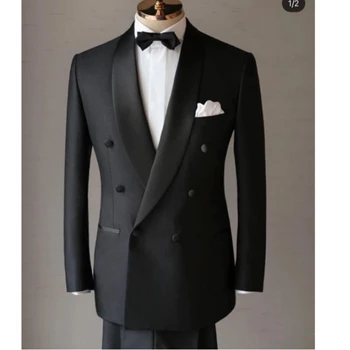 Siyah Resmi Damat Smokin Düğün Şal Yaka İş slim fit uzun kollu erkek gömlek Takım Elbise 2 Adet Erkek Moda Ceket Pantolon Günlük Blazer