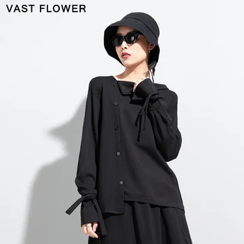 Siyah Yay Eklenmiş T-Shirt Kadın Yeni V Yaka Uzun Kollu Vintage Casual Gevşek Gömlek Tops Moda Giyim İlkbahar Sonbahar 2021