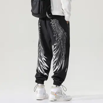 Sonbahar / Kış Kanatları Baskı erkek Pantolon Ayak Bileği Uzunlukta Hip Hop Pantolon Polar Harem Pantolon Japon Moda Harajuku Sweatpants