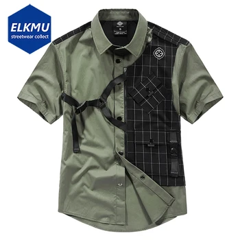 Techwear Gömlek Ekose Yelek Ayrılabilir Büyük Boy Streetwear Hip Hop Gömlek Harajuku Kısa Kollu Takım Kargo Düğme Bluz