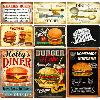 Vintage Mutfak Kuralları Plak Burger Kızartması Metal Tabela Cafe Ev Odası Dekor Fast Food Metal Plaka Yemek Duvar Posteri N376
