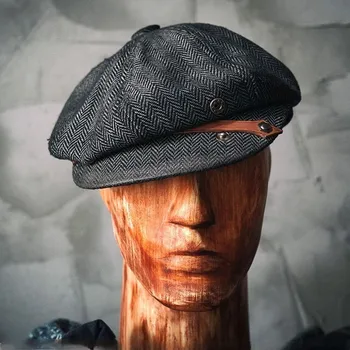 Vintage Newsboy Kap Tüvit Yün Gri Unisex Sekizgen Şapka