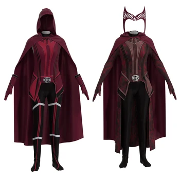 Wanda Maximoff Cosplay Multiverse Madness Scarlet Cadı Kostüm Tulum Taç Başlığı Pelerin Pelerin Tam Set Endgame Takım Elbise