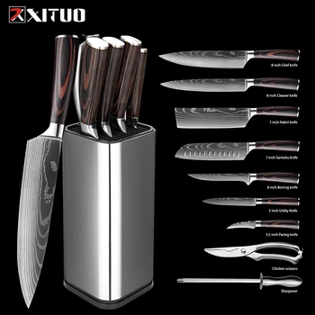 XITUO Mutfak Bıçakları Seti Keskin şef bıçağı Santoku Ekmek kemiksi saplı bıçak Pişirme Araçları Whetstone Kalemtıraş Makas Bıçak Tutucu