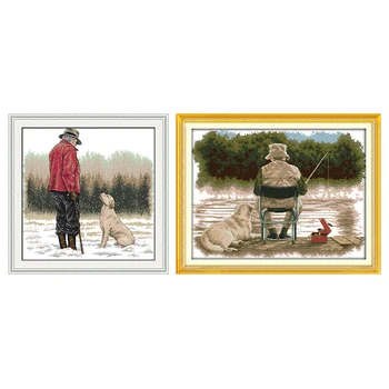 Yaşlı Adam ve Köpeği Çapraz dikiş kitleri Damgalı Desenler Sayılan Dekorasyon İpliği 11CT 14CT Baskılı Nakış iğne seti