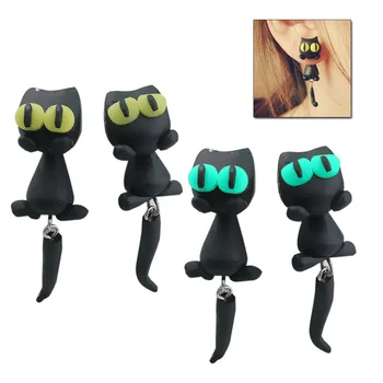 Yeni Güzel El Yapımı Polimer Kil 3D Siyah Kedi Küpe Kadınlar için Sevimli Karikatür düğme küpe Takı FS99