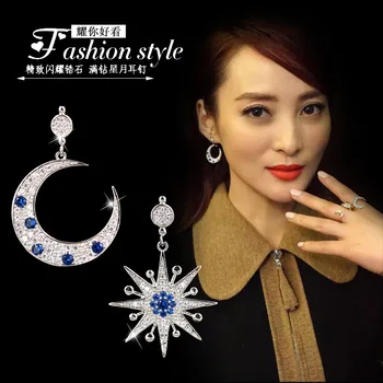 Yeni Sıcak Moda 925 Ayar Gümüş Kristal Yıldız Ay Küpe Kadın Kızlar Hediye için Moda Bildirimi Takı 2018