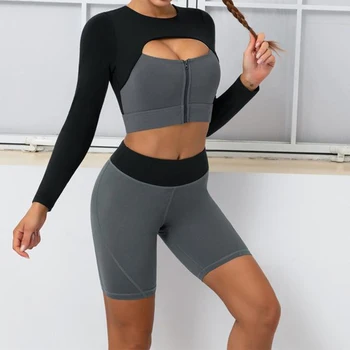 Yoga kıyafeti 2 Parça kadın Yüksek Bel Sıkı Şort Seksi Uzun Kollu Spor egzersiz kıyafetleri Spor Egzersiz Takım Elbise Spor Giyim