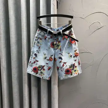 Yüksek Belli Gül Baskı Kapriler Diz Boyu Kot Şort Kadın Yıkanmış Vintage Yaz Denim Pantolon Gevşek Rahat Şort C8198