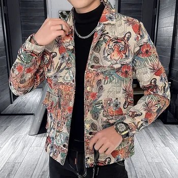 Yüksek Kaliteli erkek Blazer Ceket Moda Kaplan Baskı İnce Rahat Ceket Yaka Tek Göğüslü İş Sosyal Mont Streetwear