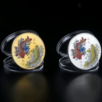 ÇOĞALTMA Size İyi Şanslar Çin Fu Koi hatıra parası Renk Sazan Madalya Ve Sikke Kabartmalı Metal Zanaat Rozeti
