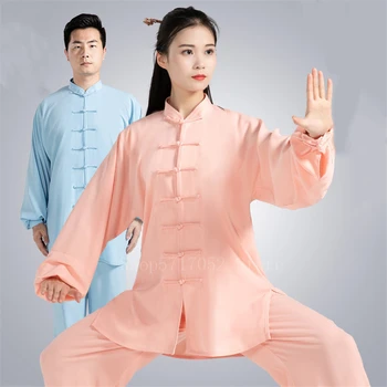 Çin Keten Geleneksel Kung Fu Tai Chi Seti Kadın Erkek Sahne Performansı Düz Renk Nefes Uygulama Üst Pantolon Kıyafetler