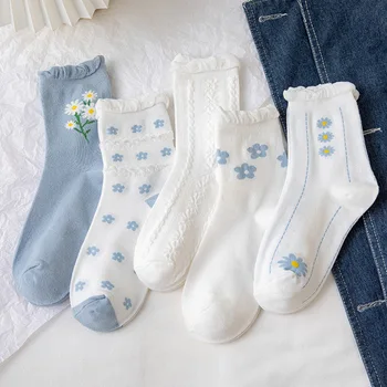 Çiçek Fırfırlı Fırfır Çorap Kadın Yaz İnce Harajuku Streetwear Ekip Çorap Mavi Çiçek Baskı Japon Kawaii Sevimli Kadın Çorap