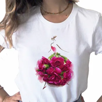 Çiçek Zarif Ofis İçin Sevimli 90s baskı bayan T-shirt rahat temel O-yaka beyaz gömlek kısa kollu bayan T-shirt, Damla Gemi