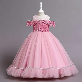 Çocuk prenses elbise dantel tek omuz uzun elbise çiçek kız düğün elbisesi elbise dantel boncuklu parti prenses elbise