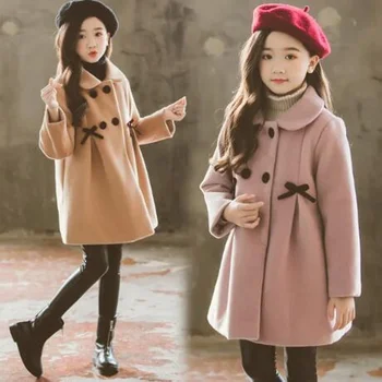 Çocuklar Sonbahar Kış Ceket Kızlar için Giysi Moda Yay Yaka Çocuk Uzun Yün Ceket Gençler Kız Giyim Ceket 4-12 yıl